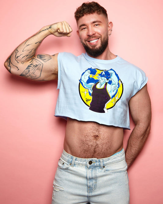 Flexing wrestler Magnus - blue crop top - HOMOLONDON