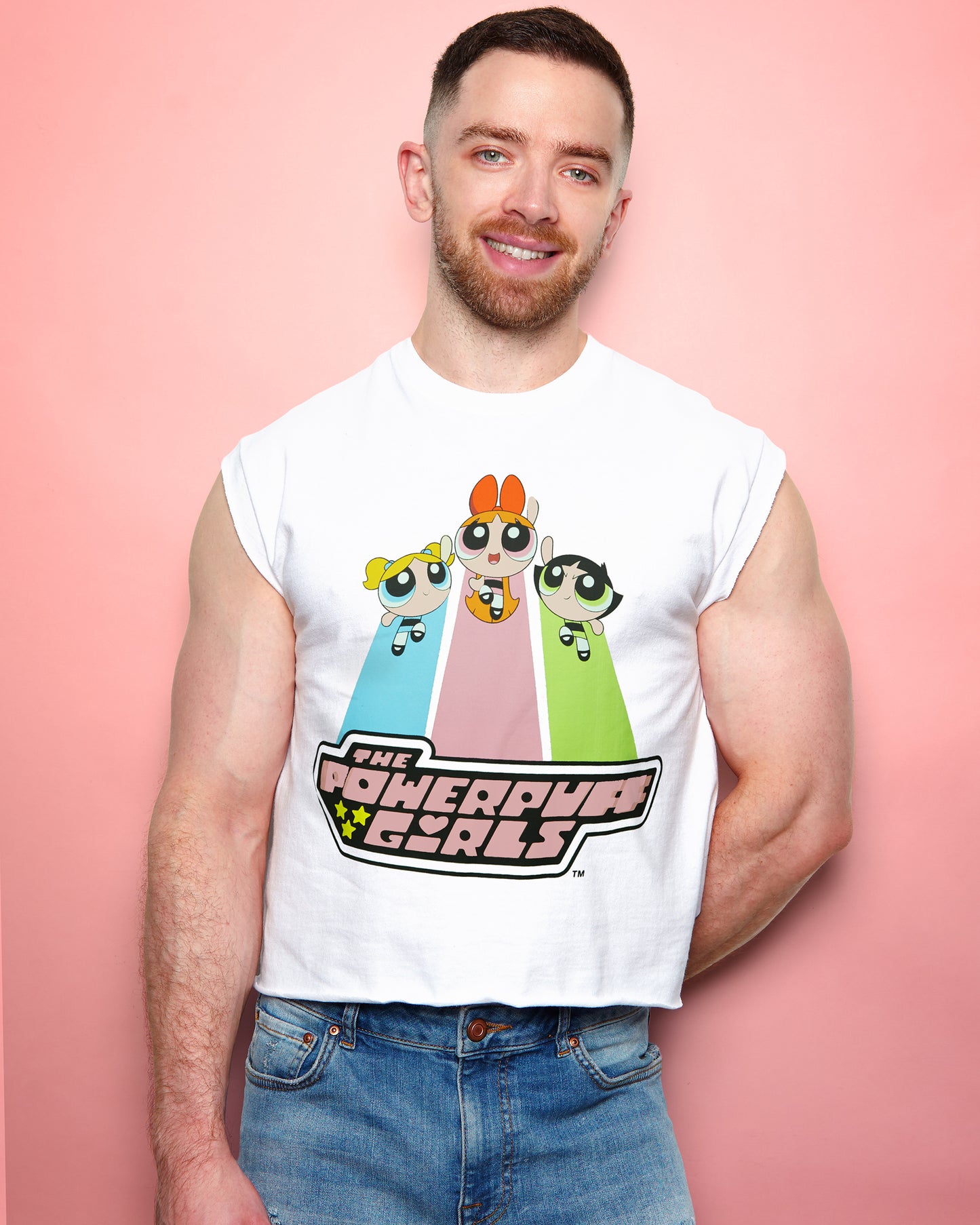 Official Power Puff Girls flying trio, low cut cropped tee on white