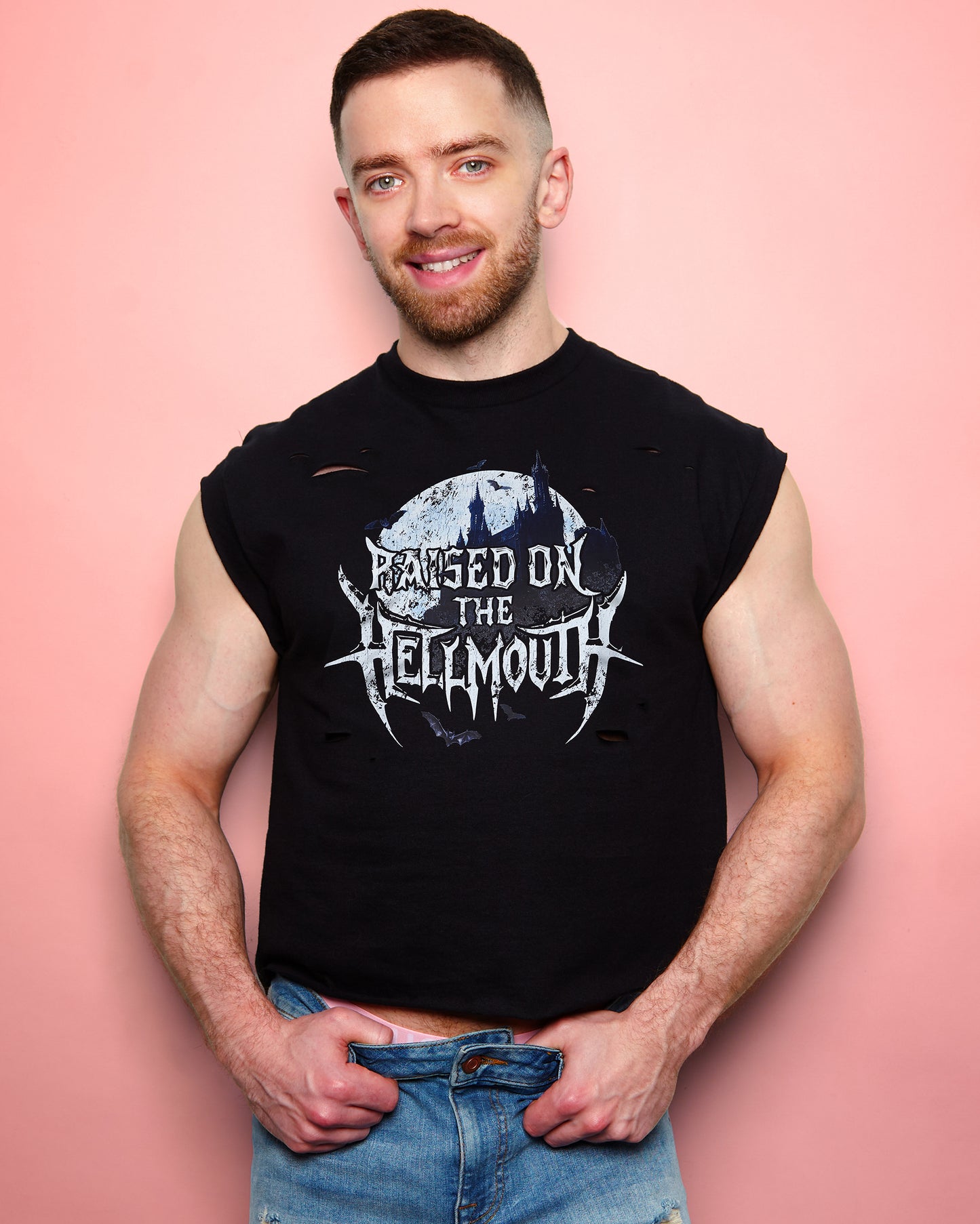 Born of the Hellmouth, distressed low cut cropped tee - black