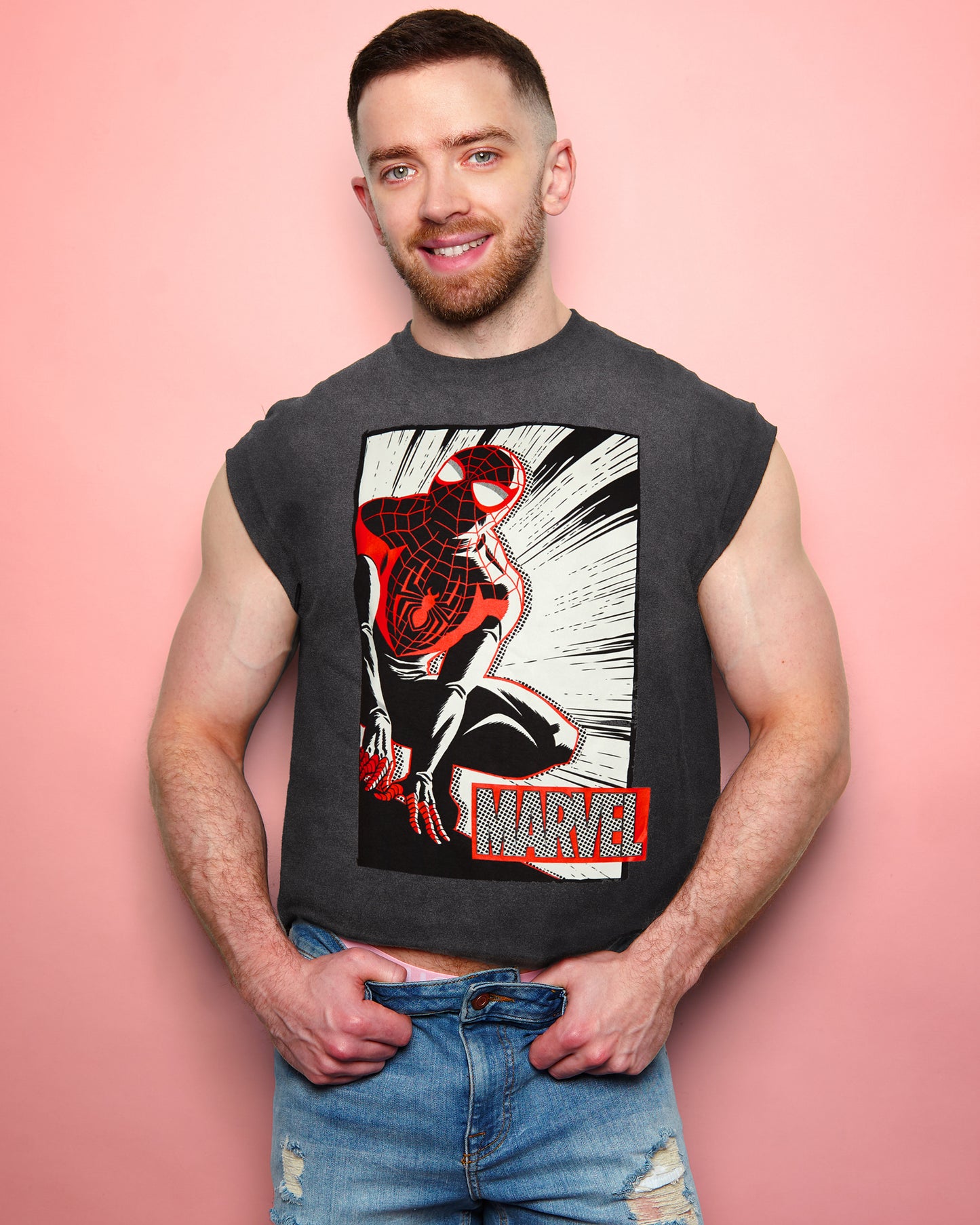 Official Marvel Comics, Spider-man distressed low cut cropped t-shirt - grey