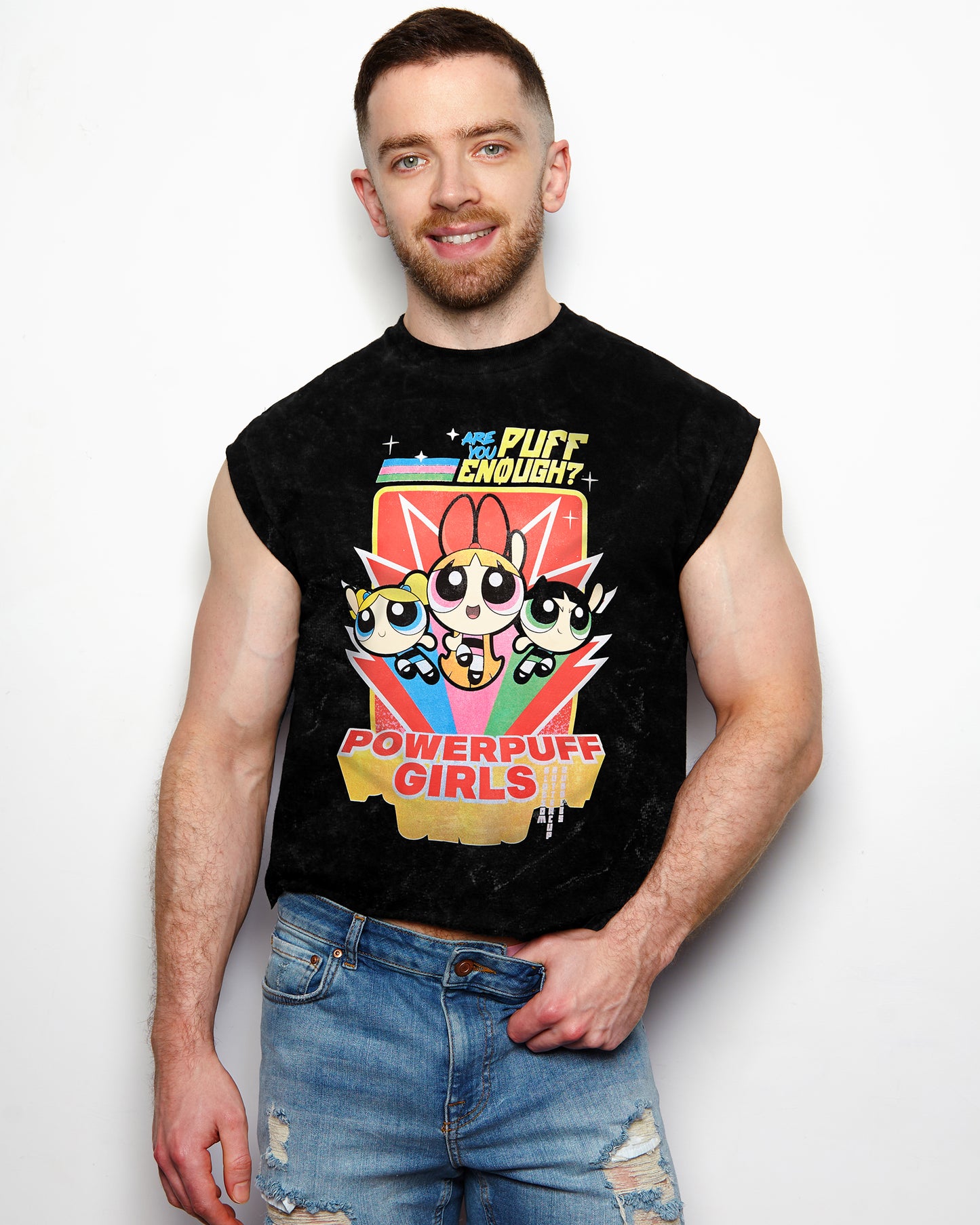 Official Powerpuff Girls, sleeveless low cut crop top - distressed black