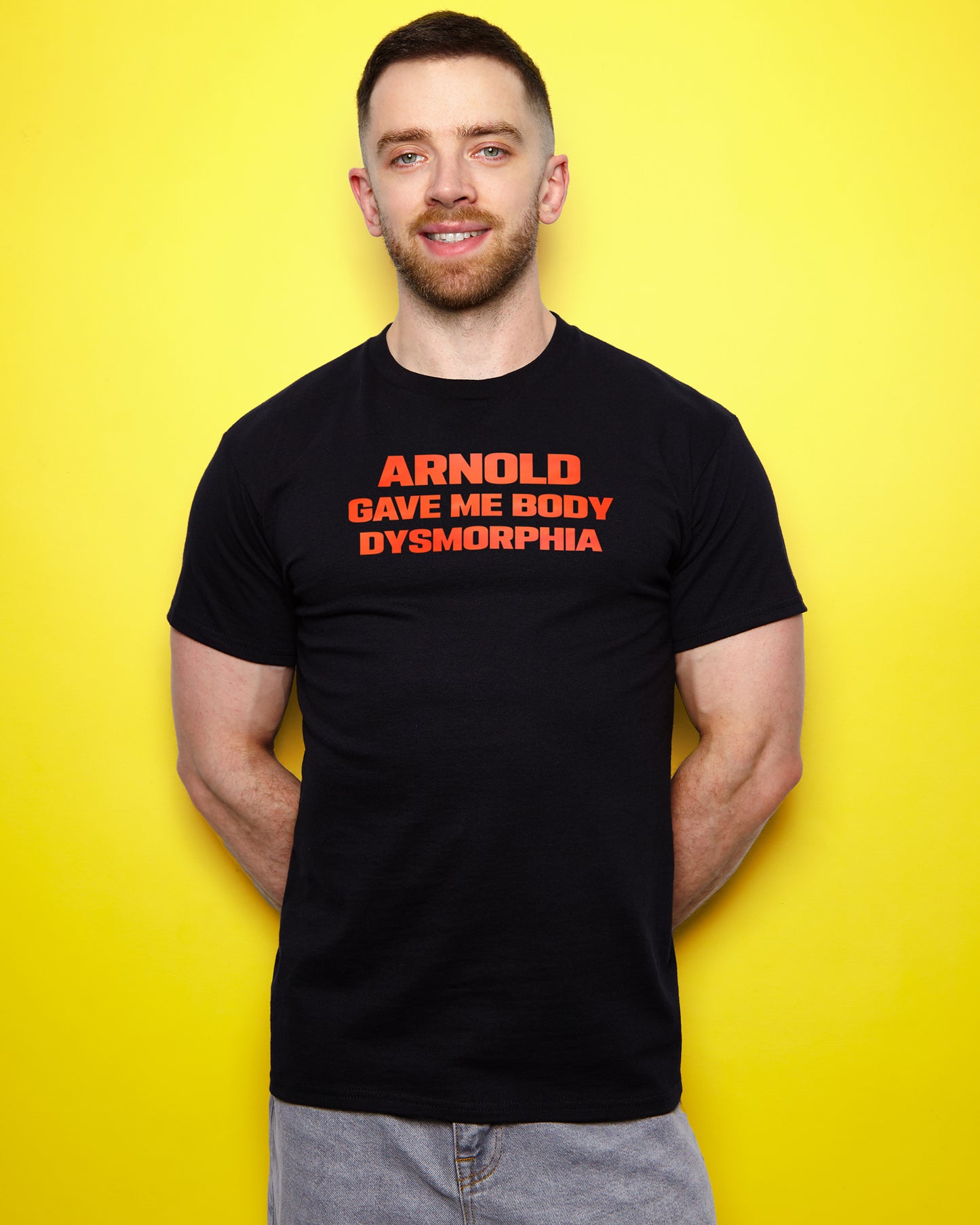 Arnold gave me body dysmorphia, red print on black - tshirt