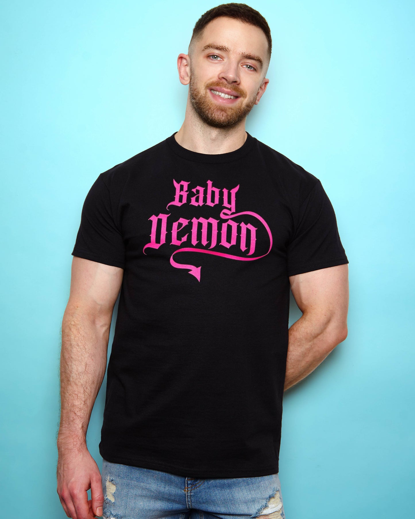 Baby Demon, pink flock on on black tshirt