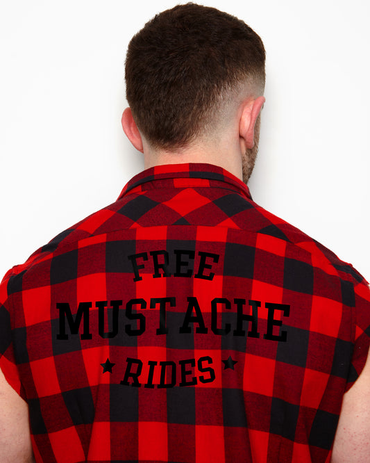 Free mustache rides, black flock on sleeveless checkered shirt