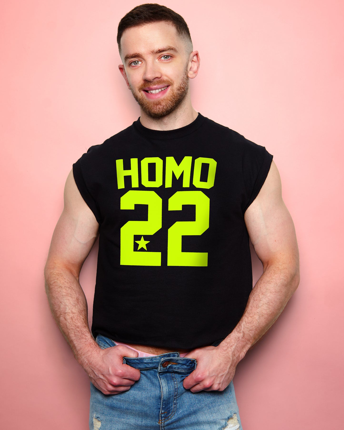 Sports jersey HOMO 22 - fluorescent yellow flock on black sleeveless cropped tshirt