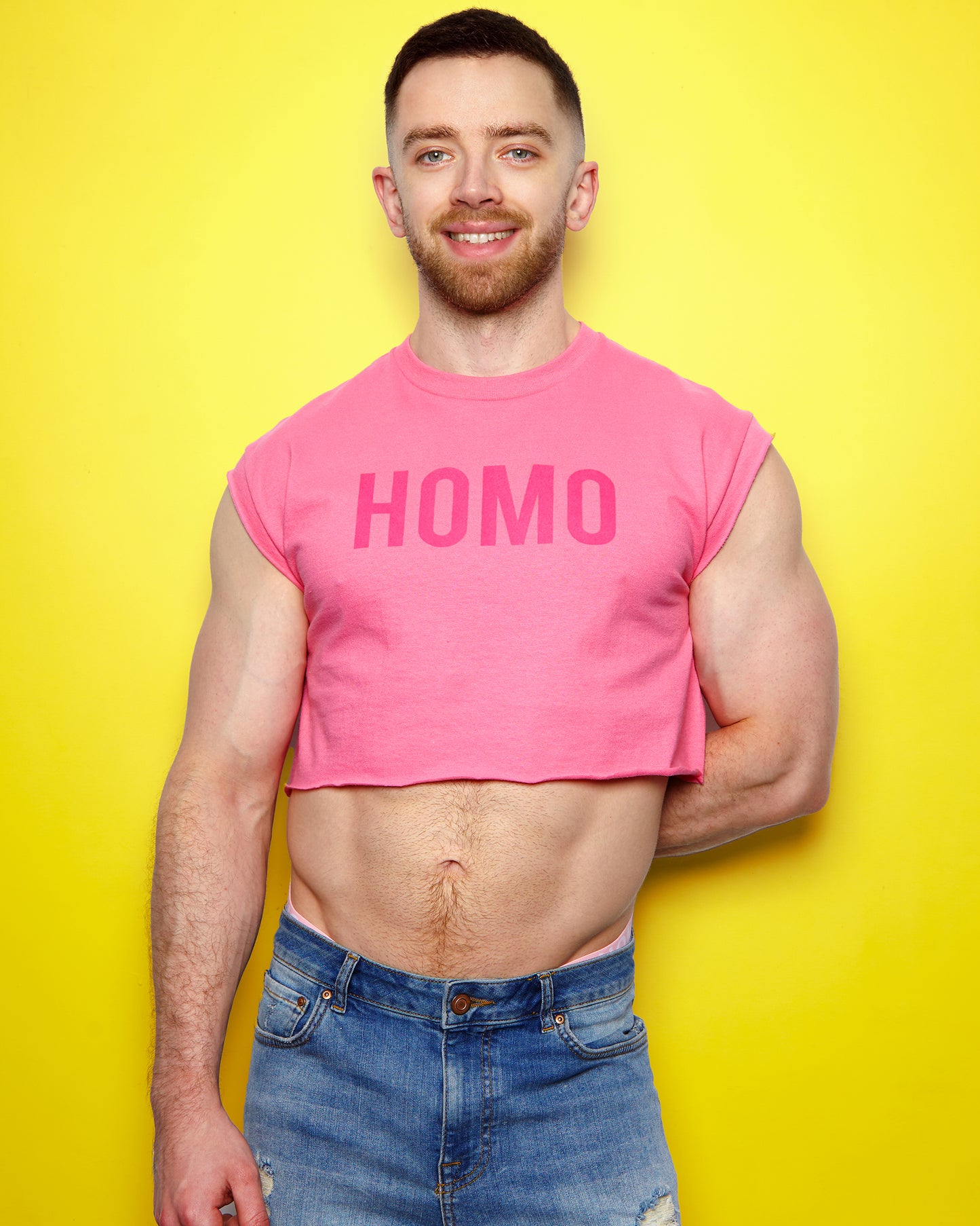 HOMO Logo, pink flock on pink - sleeveless crop top