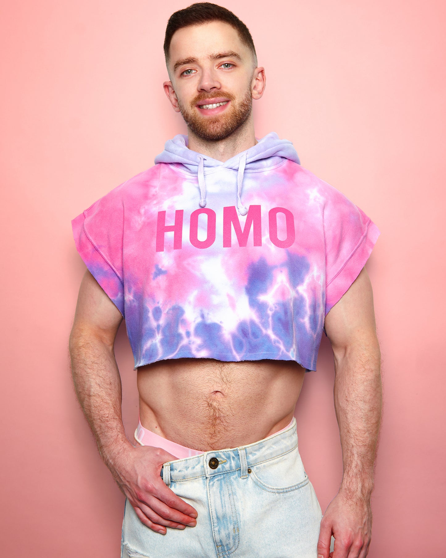 Pink flock HOMO on pink tie-dye - hoodie crop top