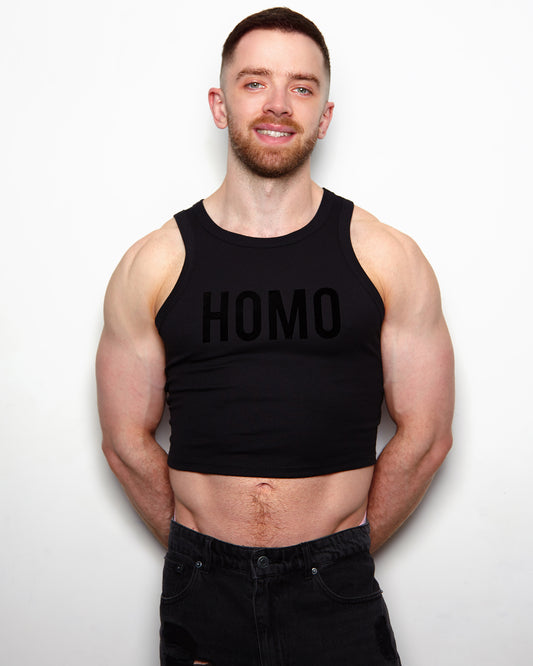 HOMO Logo, Black flock on black - low cut tank top crop
