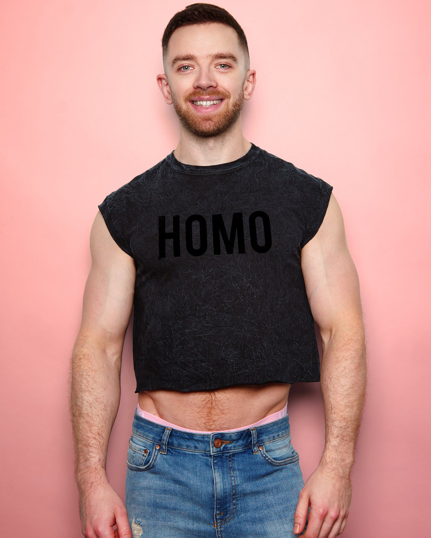 HOMO Logo, black flock on stonewash - low cut crop top