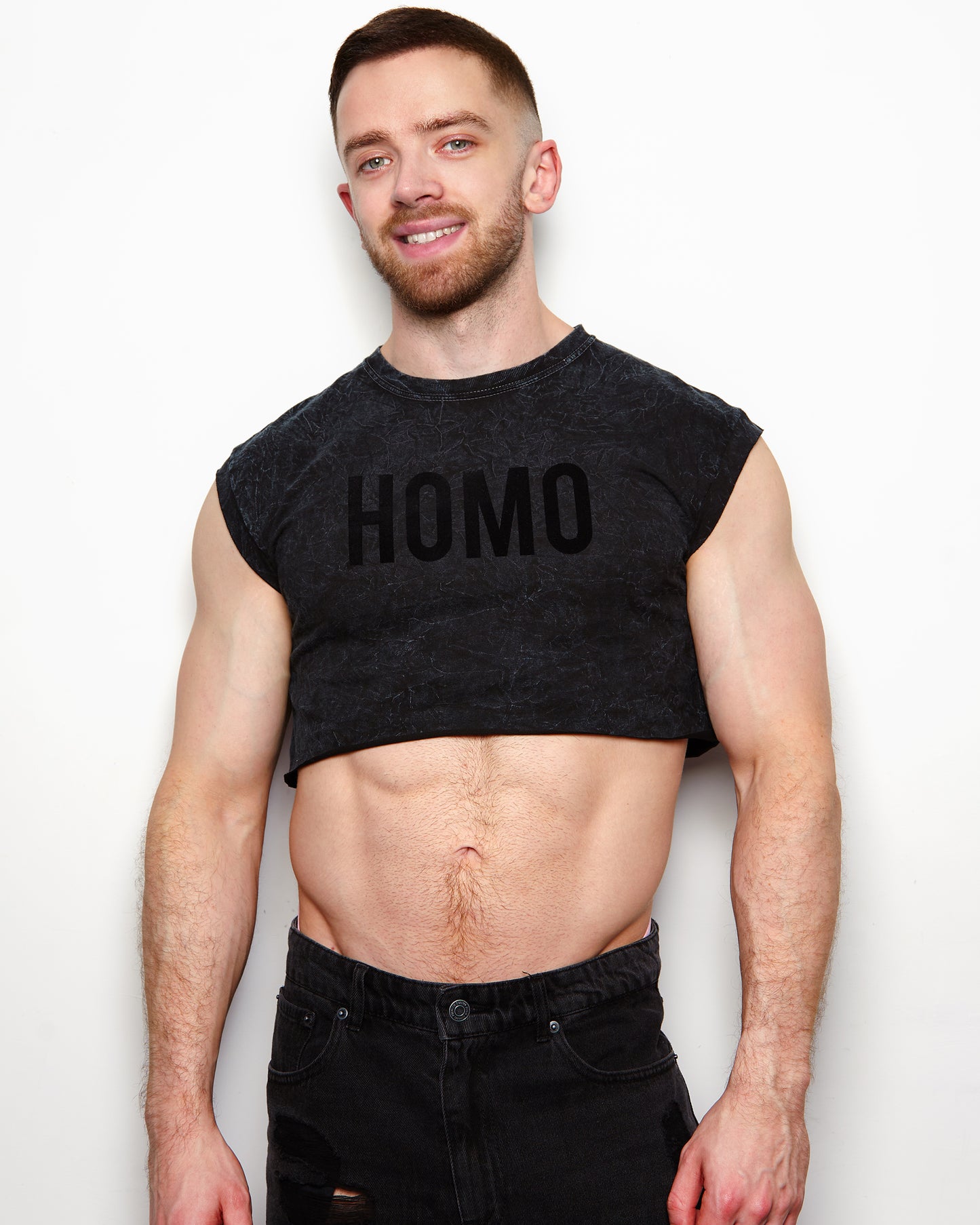 HOMO Logo, black flock on stonewash - sleeveless crop top
