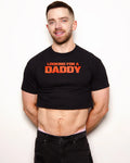Man wearing a black t-shirt with 'Looking for a Daddy' text on a white background