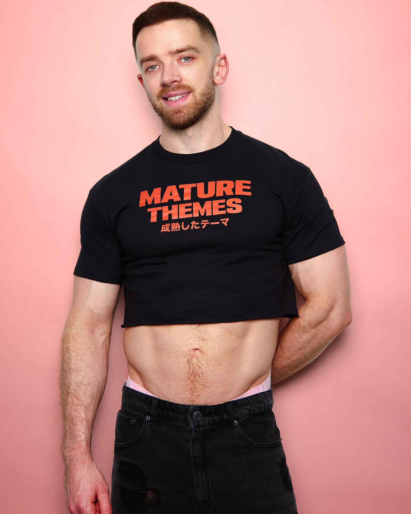 Slogan tee: Mature themes, red print on black - crop top