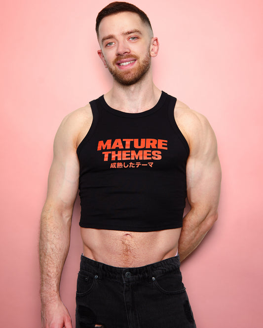 Mature themes, red print on black - low cut tank top crop