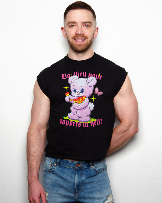 Do the have p*ppers in hell? on black sleeveless low cut cropped tshirt