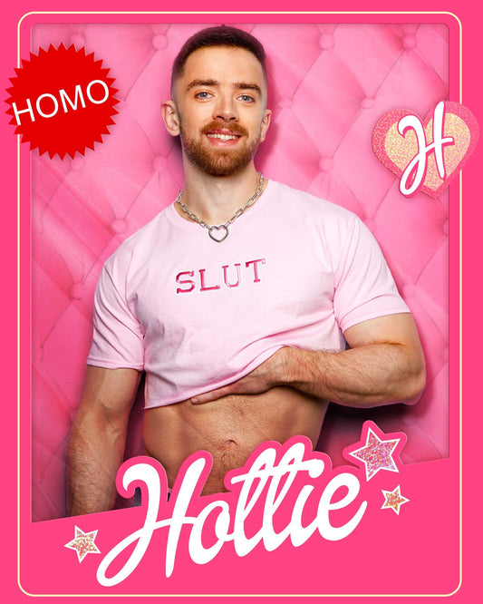 Varsity style slut embroidery on pink - crop top.