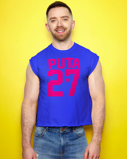 Sports jersey PUTA 27 - fluorescent pink flock on blue sleeveless cropped tshirt