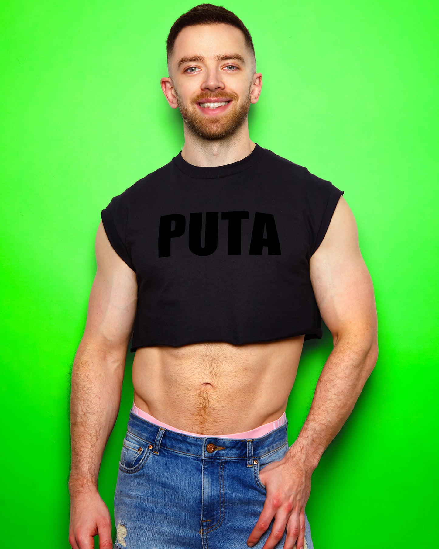 PUTA Logo, black flock on black - sleeveless crop top