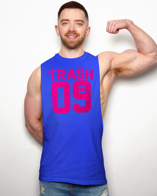 Sports jersey TRASH 09 - fluorescent pink flock on blue sleeveless tshirt