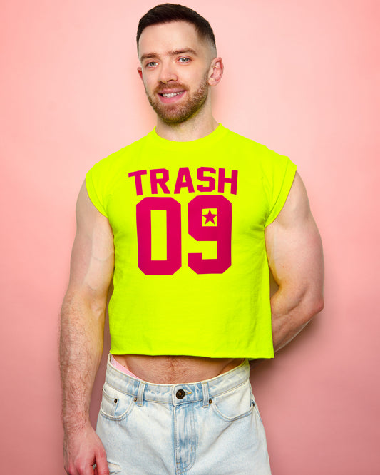 Sports jersey TRASH 09 - fluorescent pink flock on fluorescent yellow sleeveless cropped tshirt