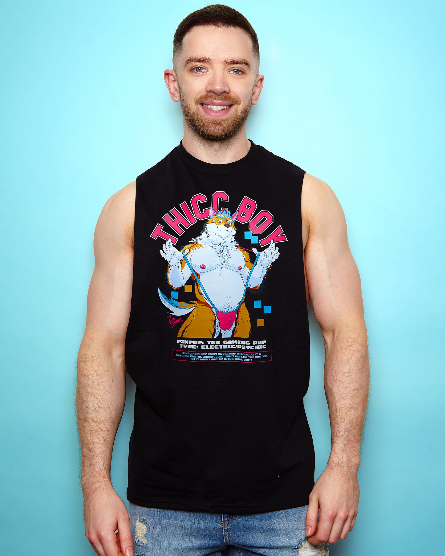 THICC BOY, Pixpup the gaming pup! on black - sideless tshirt
