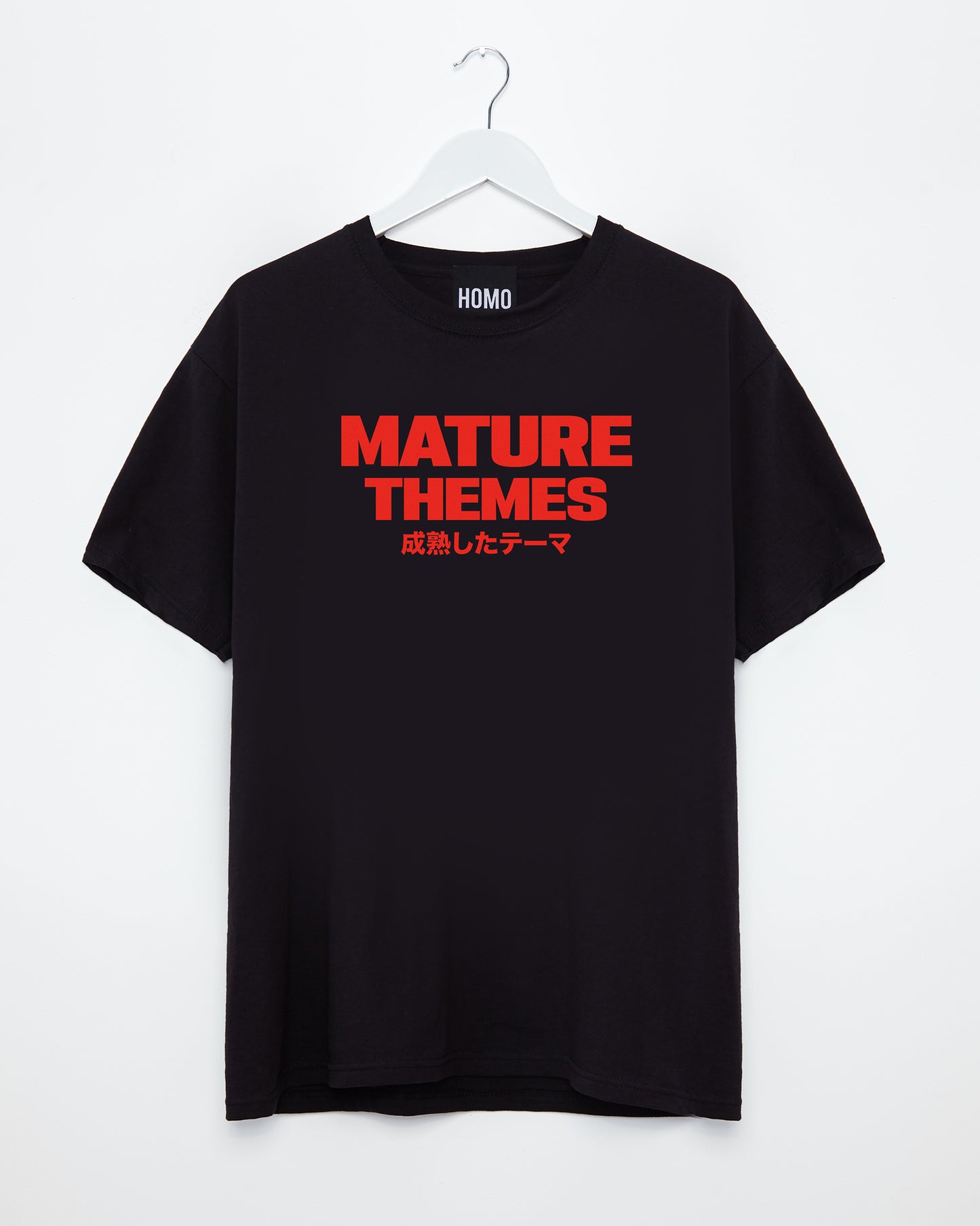 Mature themes, red print on black - tshirt