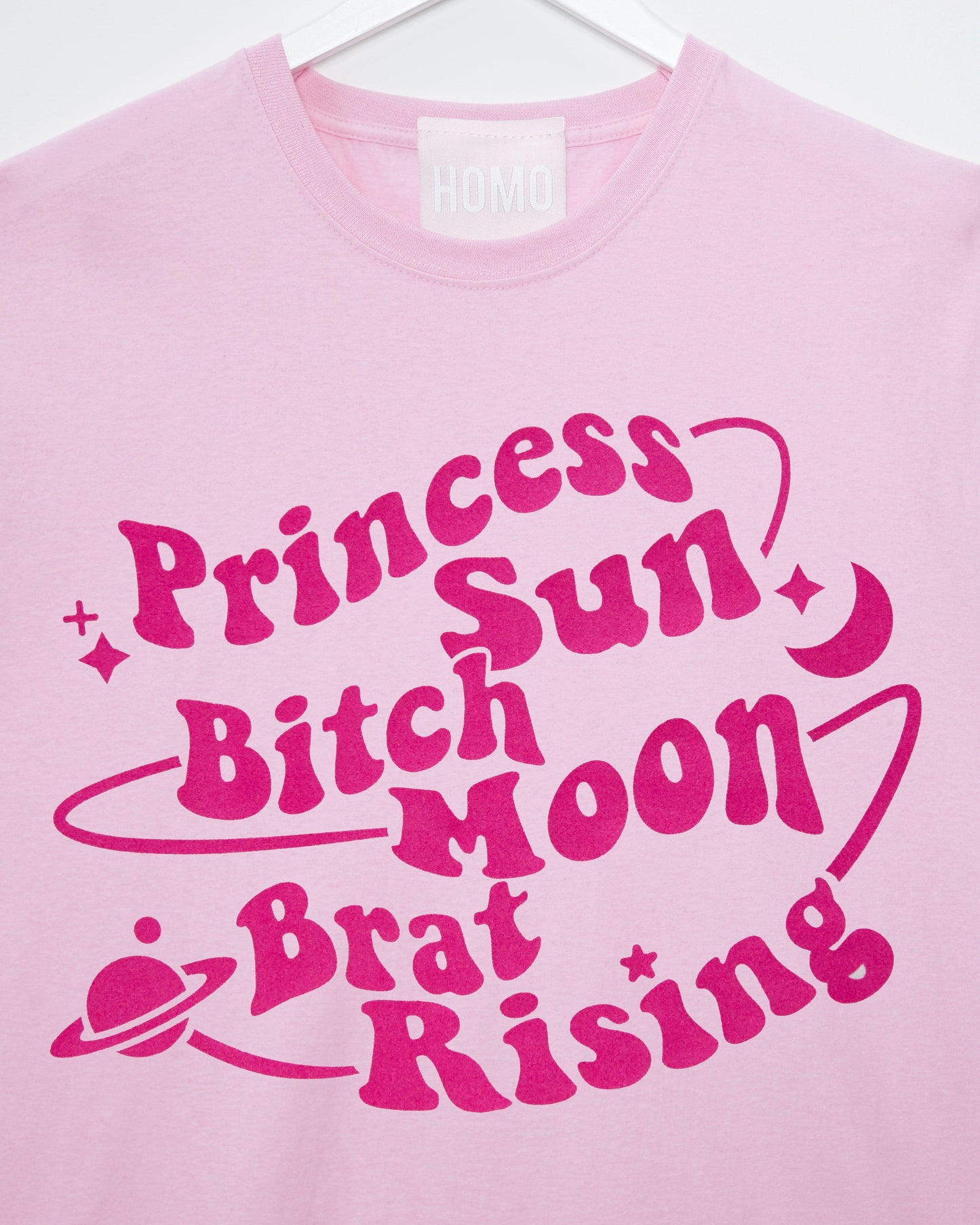 Princess Sun, Bitch Moon, Brat Rising Pink Tee - Cosmic Chic for LGBTQ+ Stars - HOMOLONDON