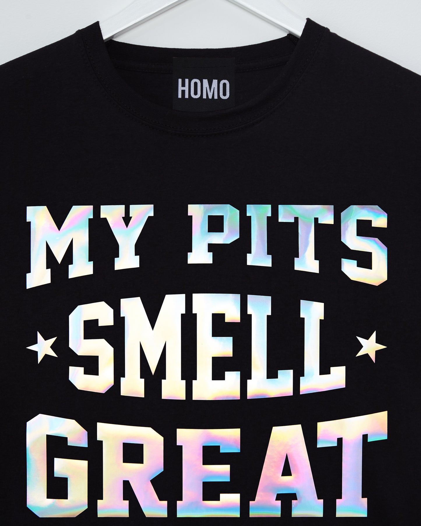 MY PITS SMELL GREAT, hologram print sleeveless tee - black