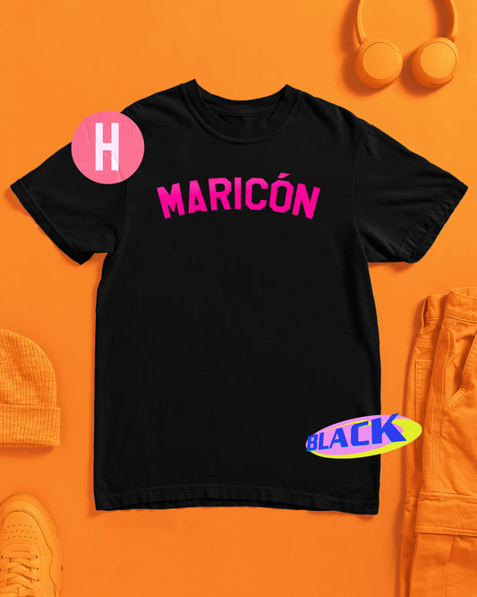 Maricon bold stand out slogan shirt, fluorescent pink flock on black - tee