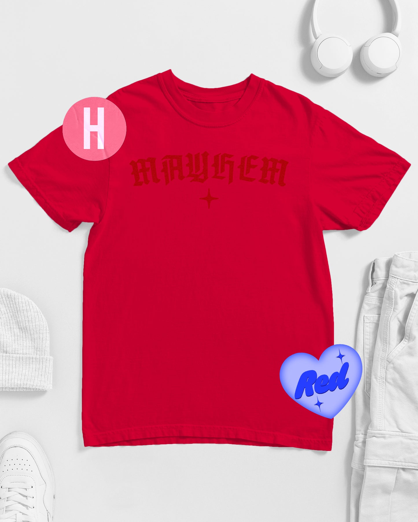 MAYHEM slogan on red flock on red - tee