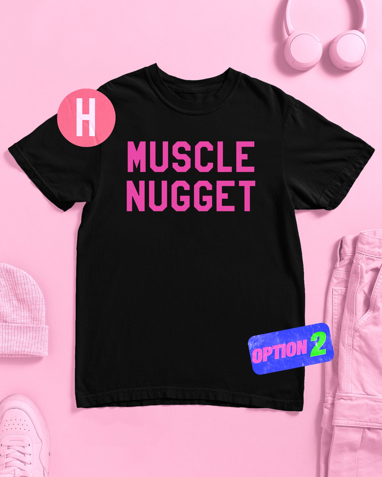 Muscle nugget, fluorescent pink flock on black - tee