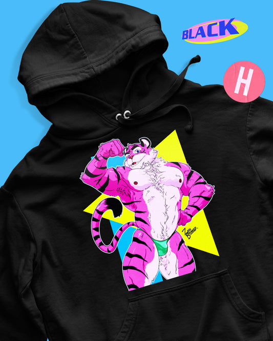 90's pink tiger furry soft style hoodie - black