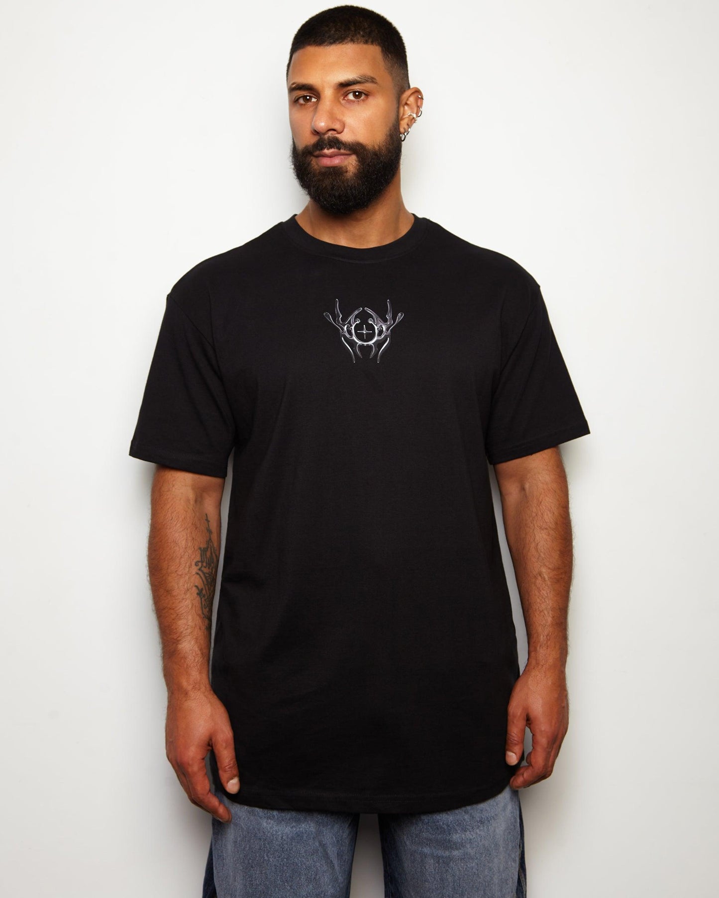 NXS001: Gunmetal style print on black heavy weight oversized tee.