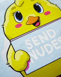 Cheeky duck, holding a sign on blue - mens cropped tee. - HOMOLONDON