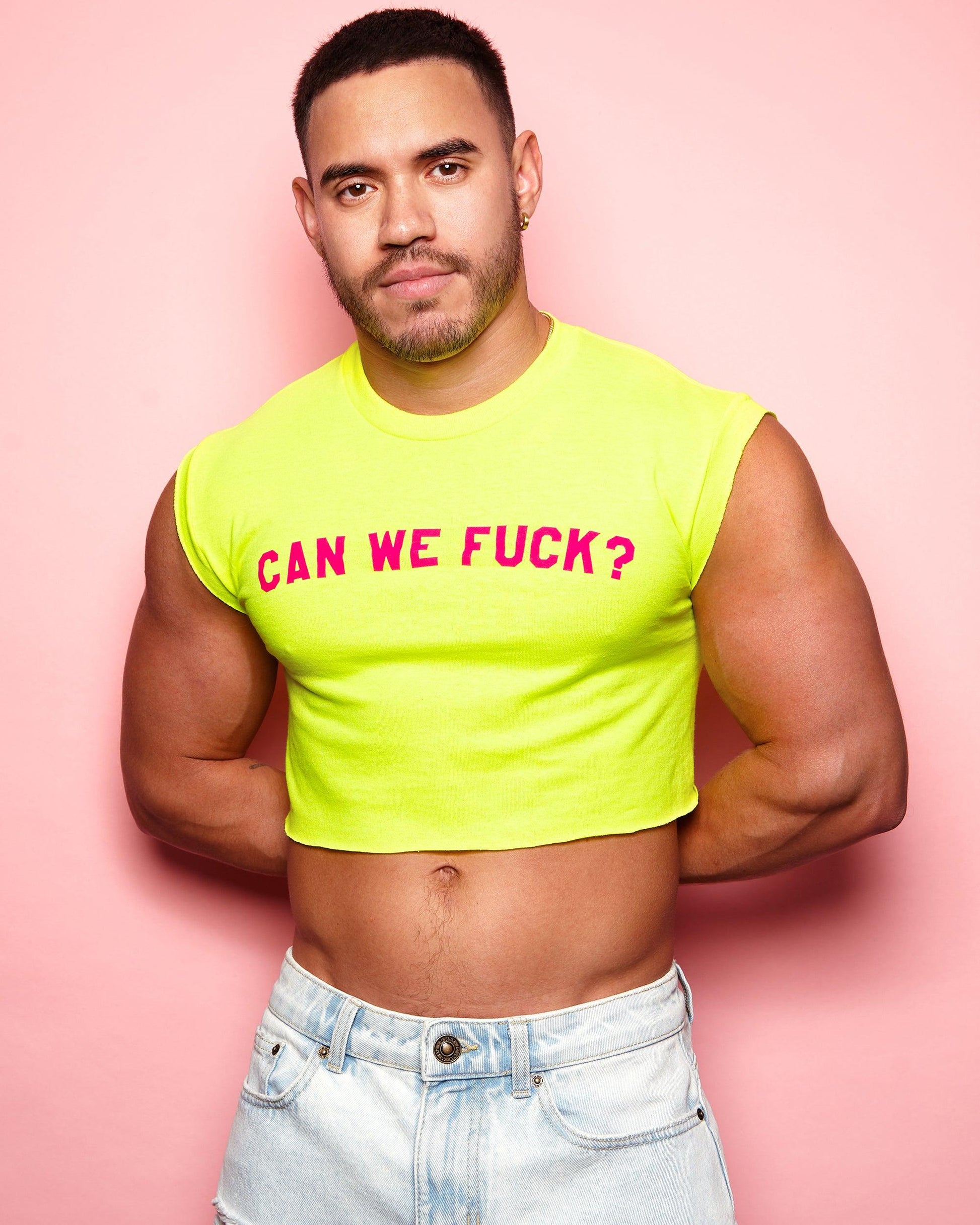 Fluorescent pink flock can we fu<k - Fluorescent yellow crop top - HOMOLONDON