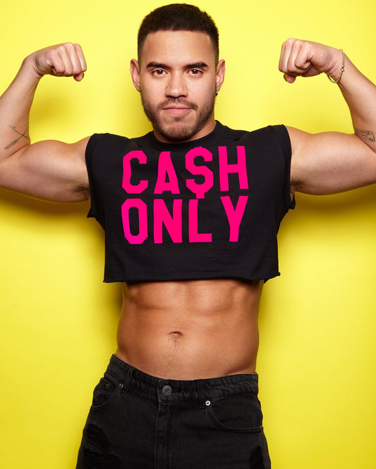Fluorescent pink flock cash only - black crop top - HOMOLONDON