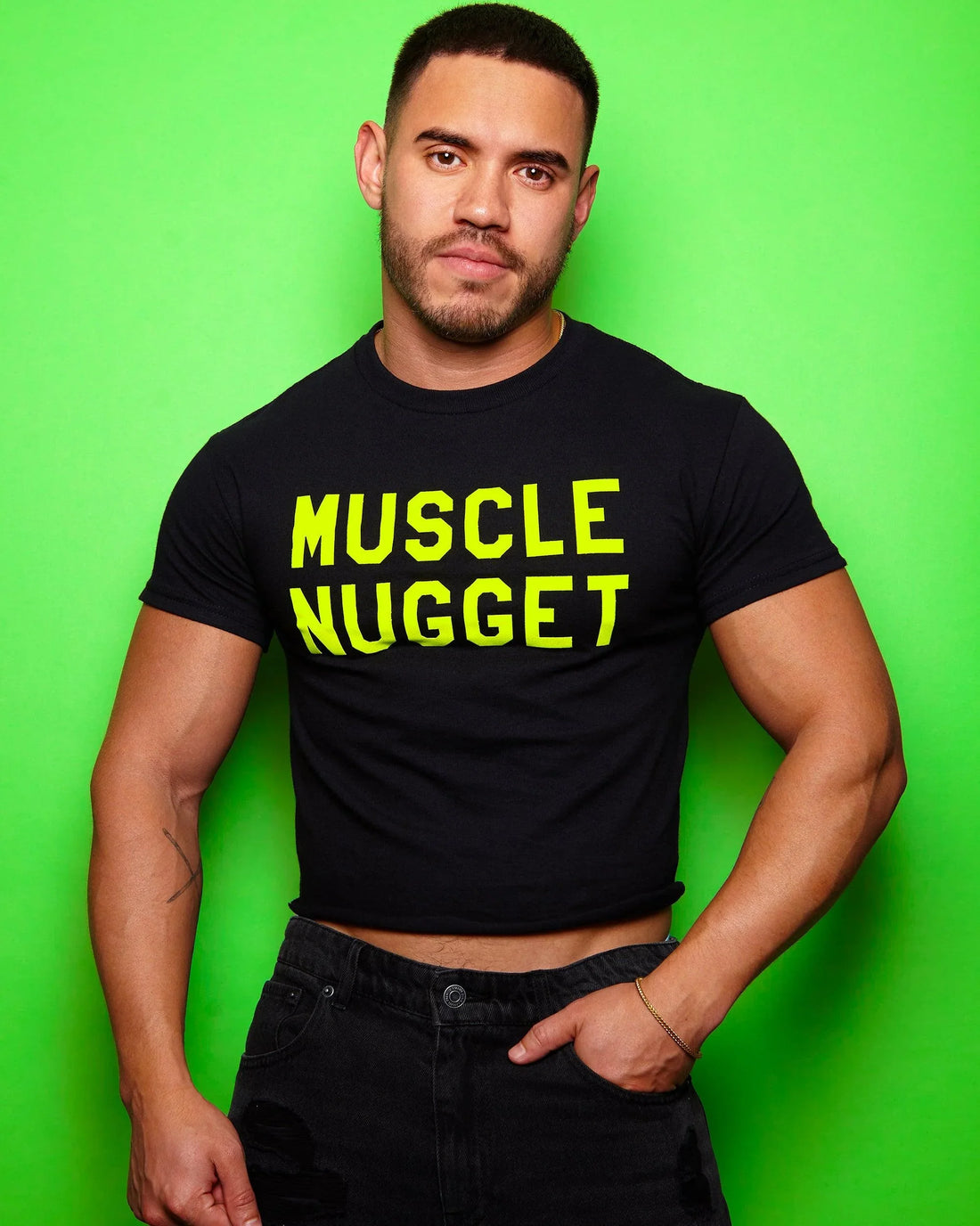 Fluorescent yellow flock muscle nugget - black cropped tee / crop top - HOMOLONDON
