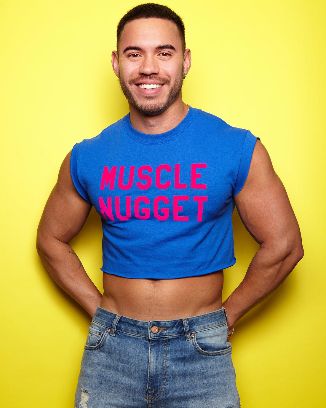 Fluorescent pink flock muscle nugget - blue crop top - HOMOLONDON