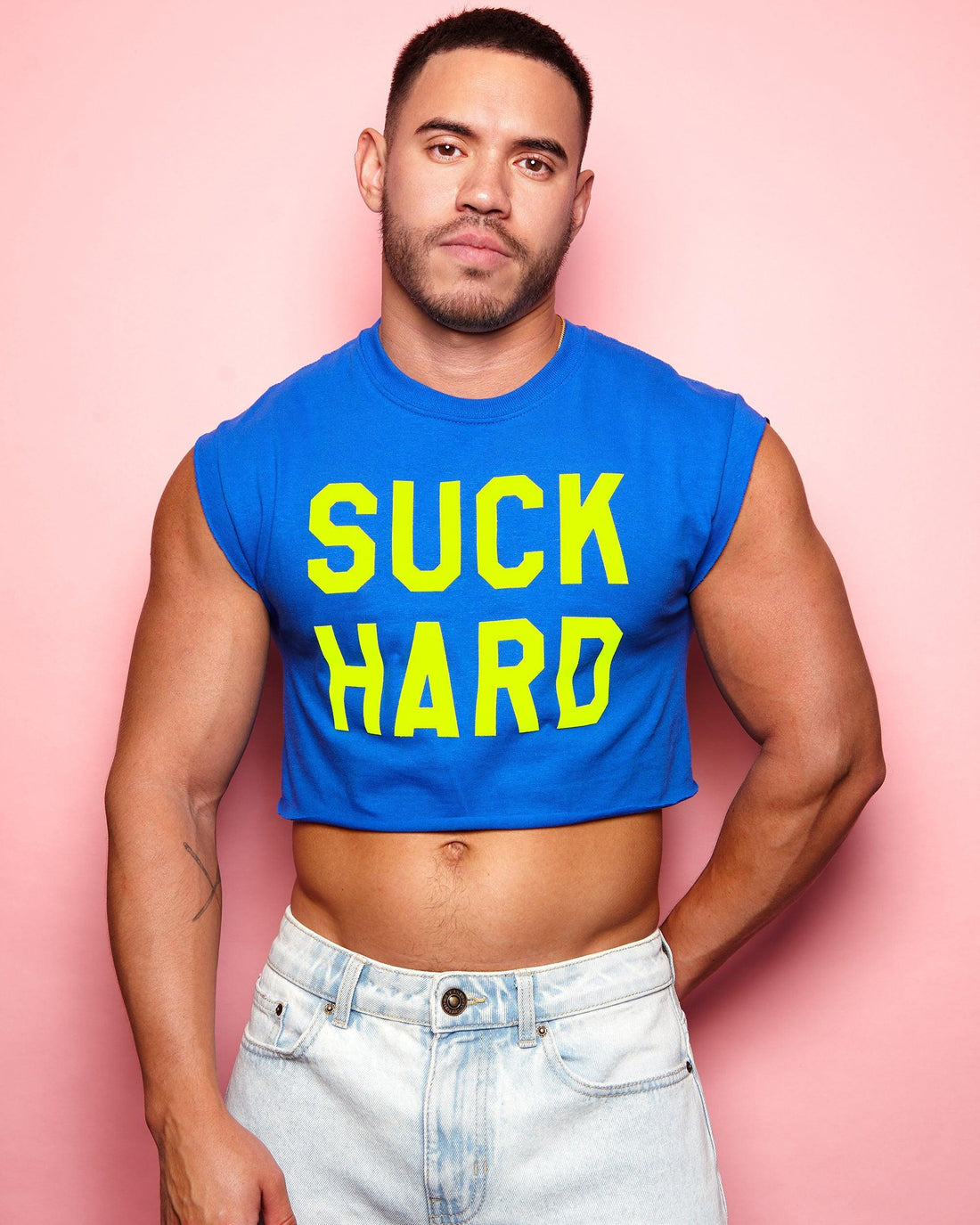 Fluorescent yellow flock suck hard - blue crop top - HOMOLONDON
