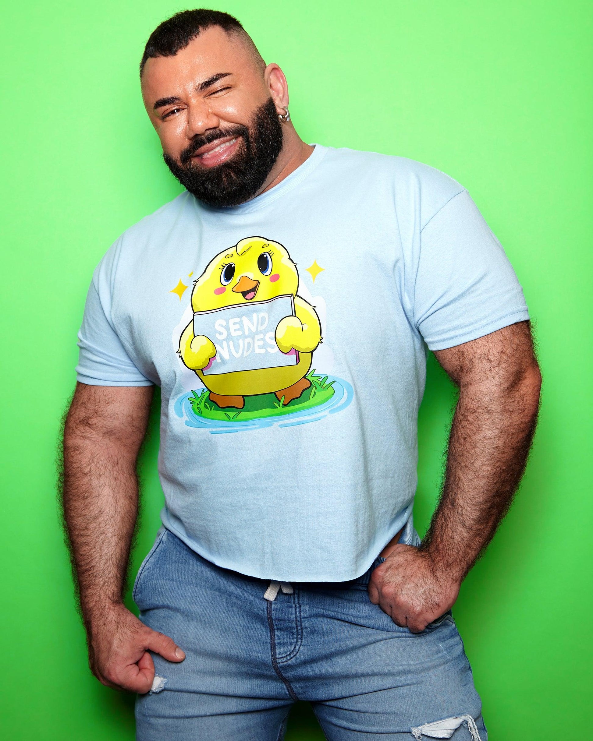 Cheeky duck, holding a sign on blue - mens cropped tee. - HOMOLONDON