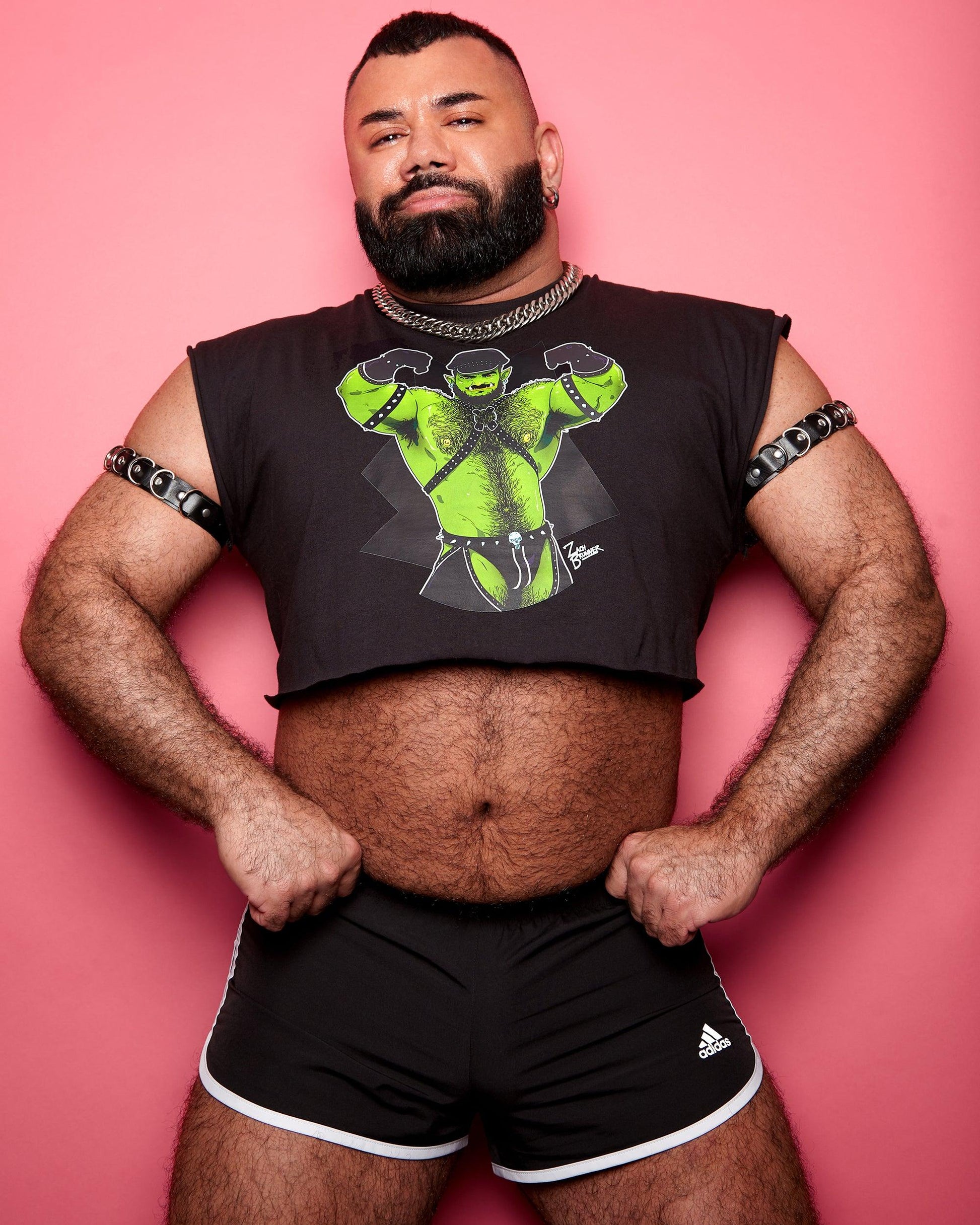 Leather daddy orc Rex loves to flex - mens sleeveless crop top - HOMOLONDON