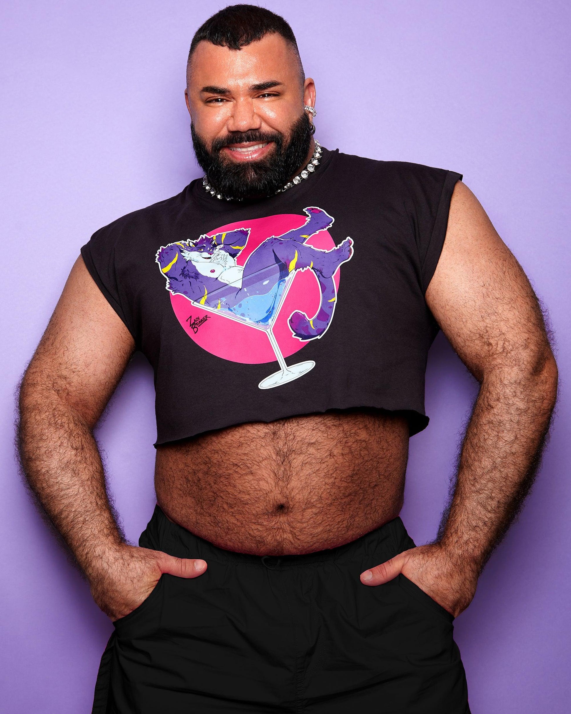 Marco the cocktail cat! on black - mens sleeveless crop top - HOMOLONDON