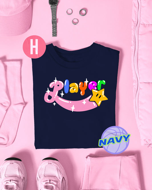 Retro video game PLAYER Slogan on navy - tee