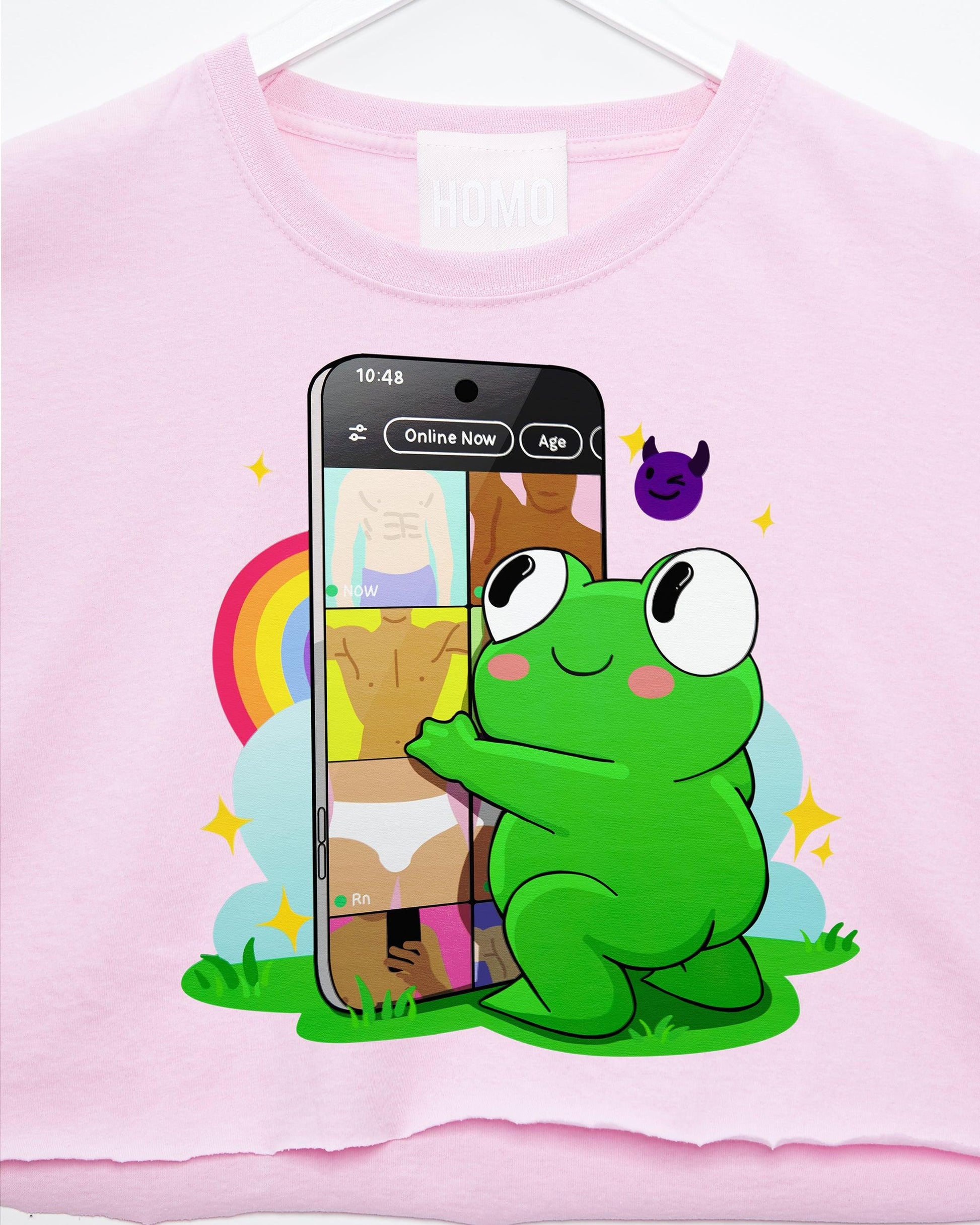 Introducing Pongy: Your Playful Dating App Addict on pink, mens crop top - HOMOLONDON