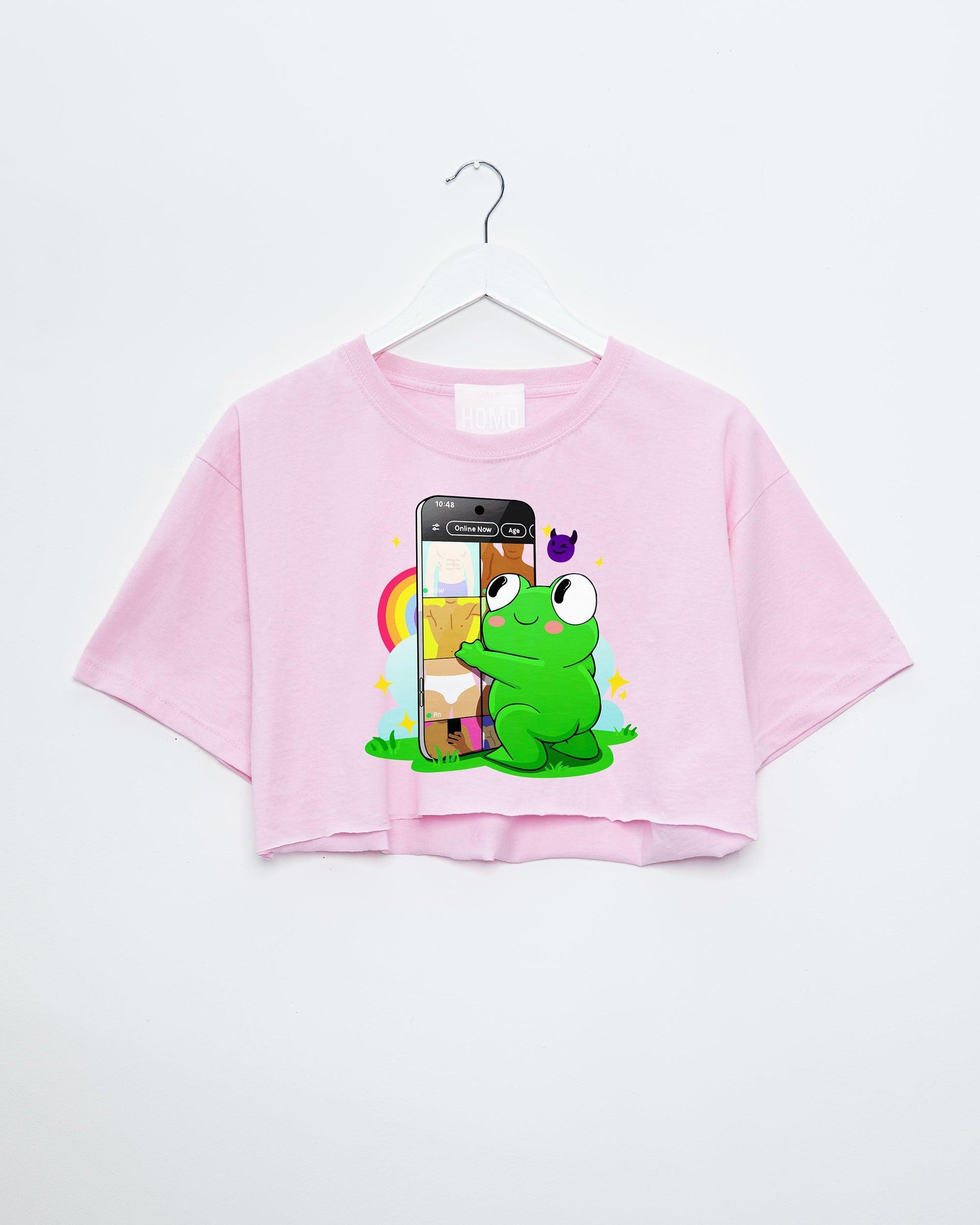 Introducing Pongy: Your Playful Dating App Addict on pink, mens crop top - HOMOLONDON