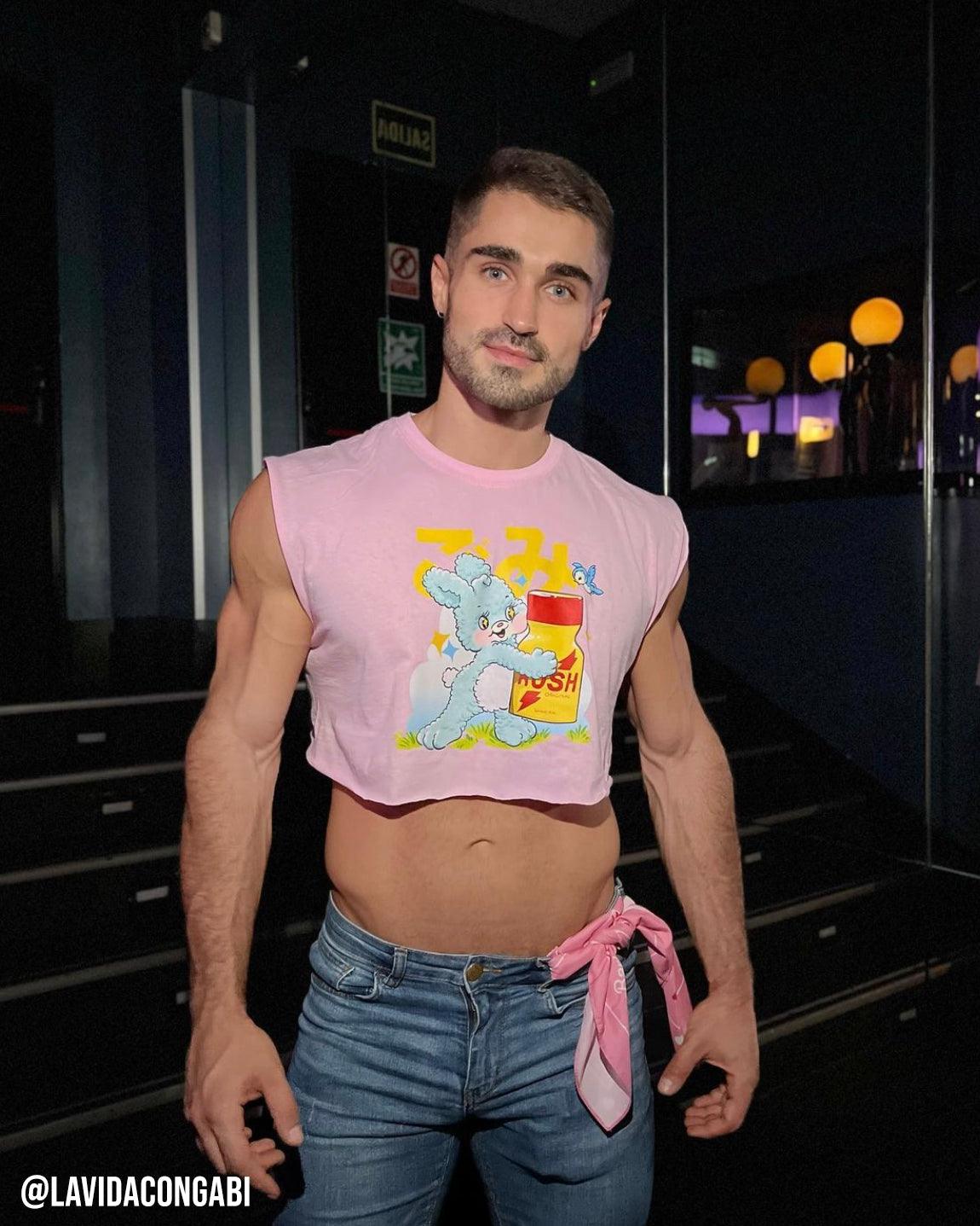 This little bunny loves his Rush on pink - mens sleeveless crop top.