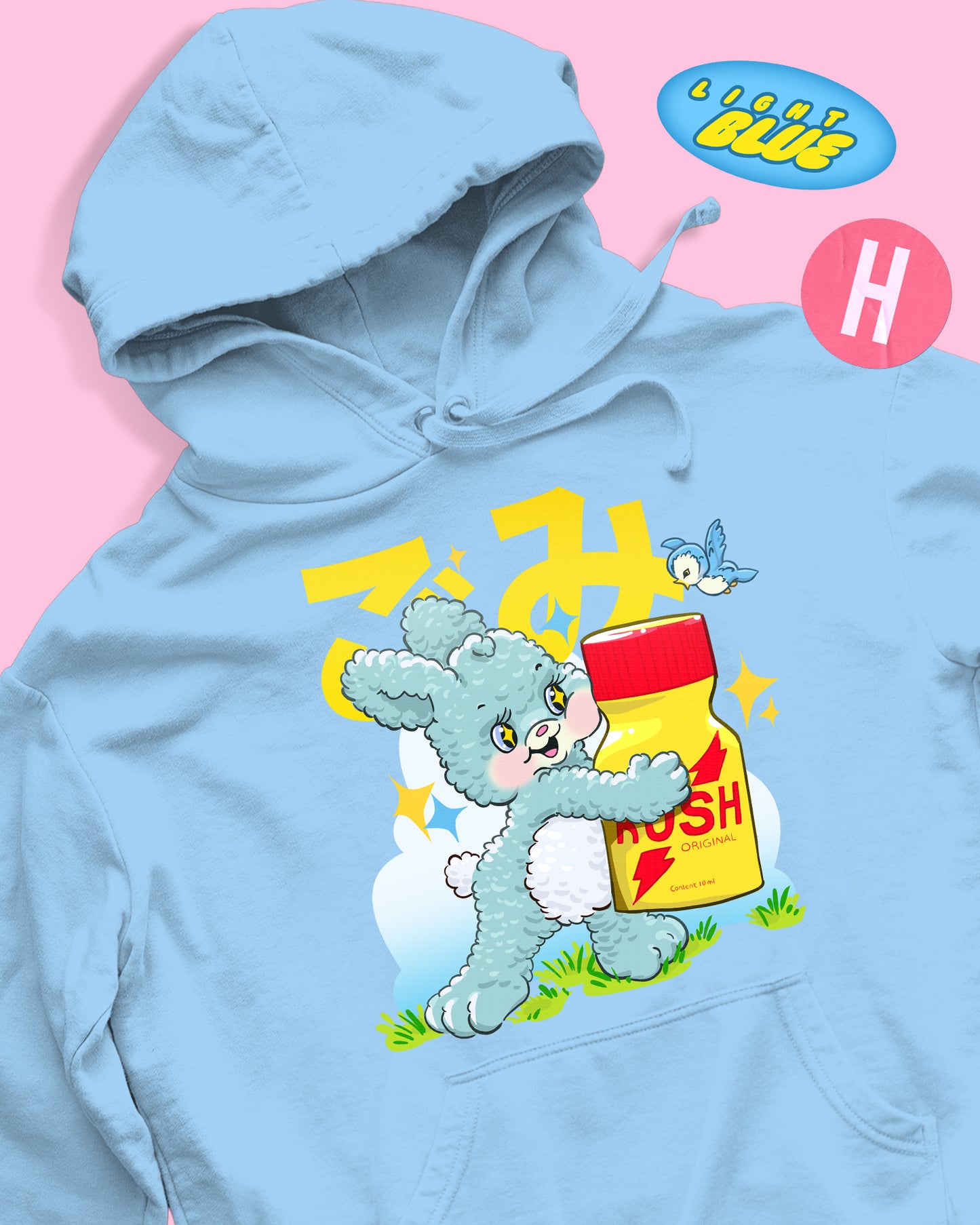 Naughty little bunny holding a rush bottle soft style hoodie - light blue