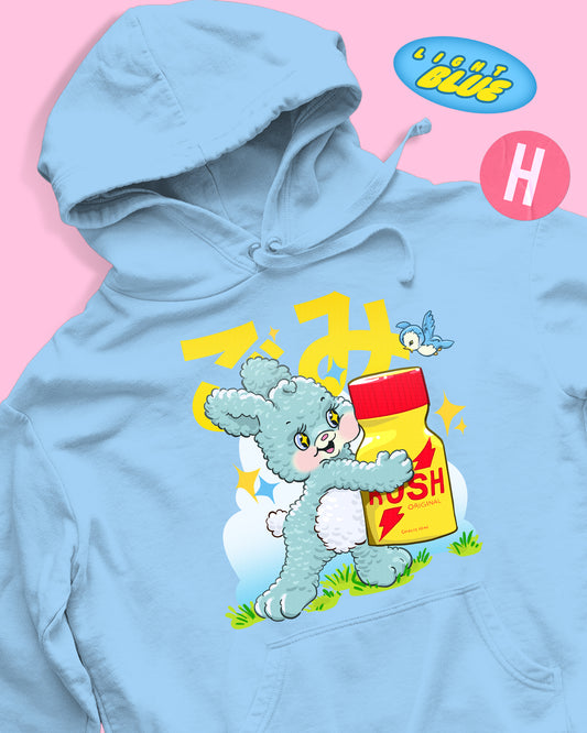 Naughty little bunny holding a rush bottle soft style hoodie - light blue