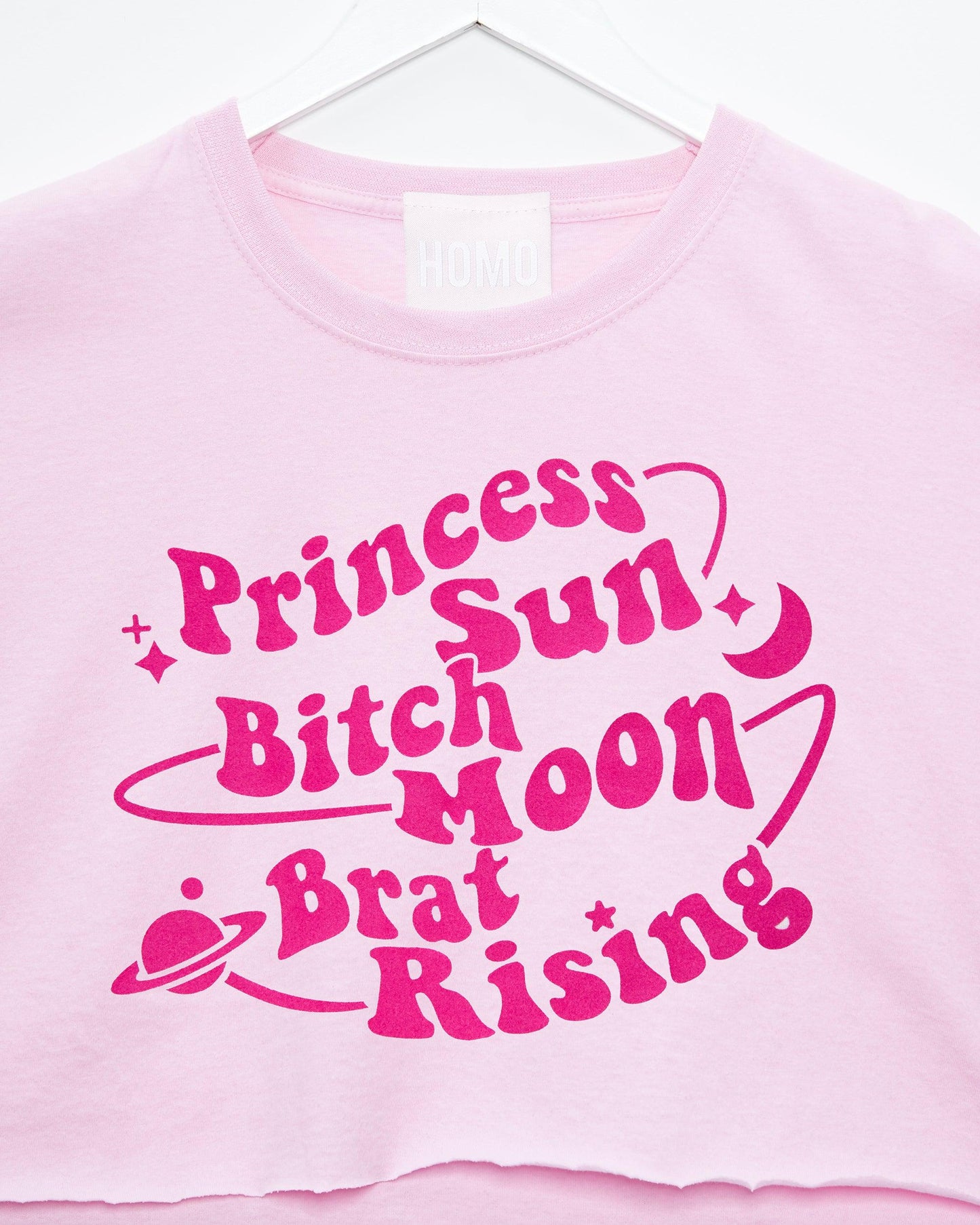 Princess sun, bitch moon, brat rising. Pink flock on pink - mens crop top.