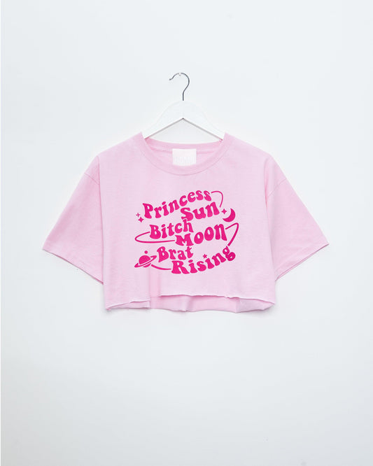 Princess sun, bitch moon, brat rising. Pink flock on pink - crop top.