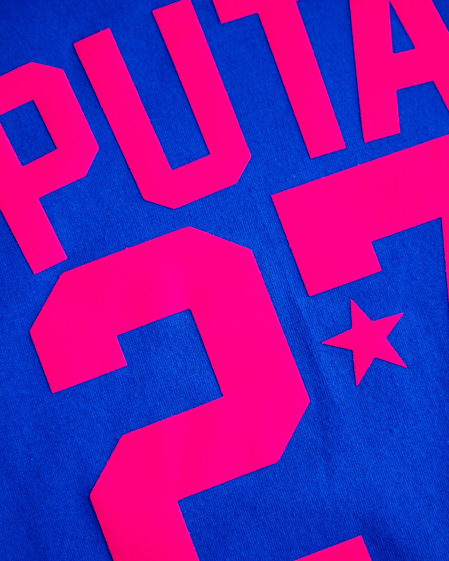 Sports jersey PUTA 27 - fluorescent pink flock on blue sleeveless cropped tshirt